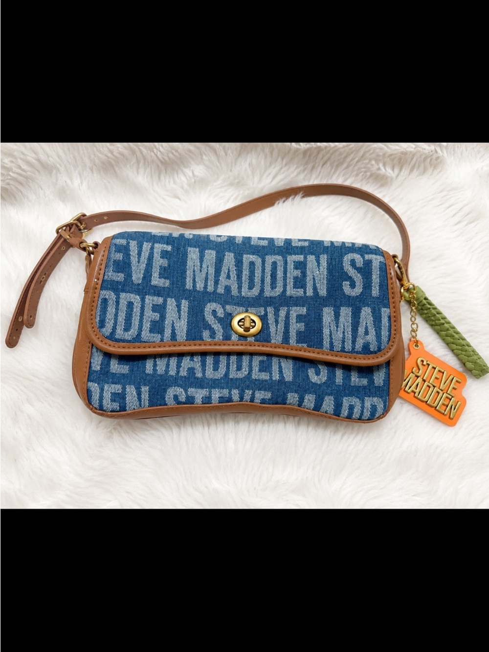 Steve Madden Blue Logo Denim Crossbody with Tan Trim and Orange Charm
